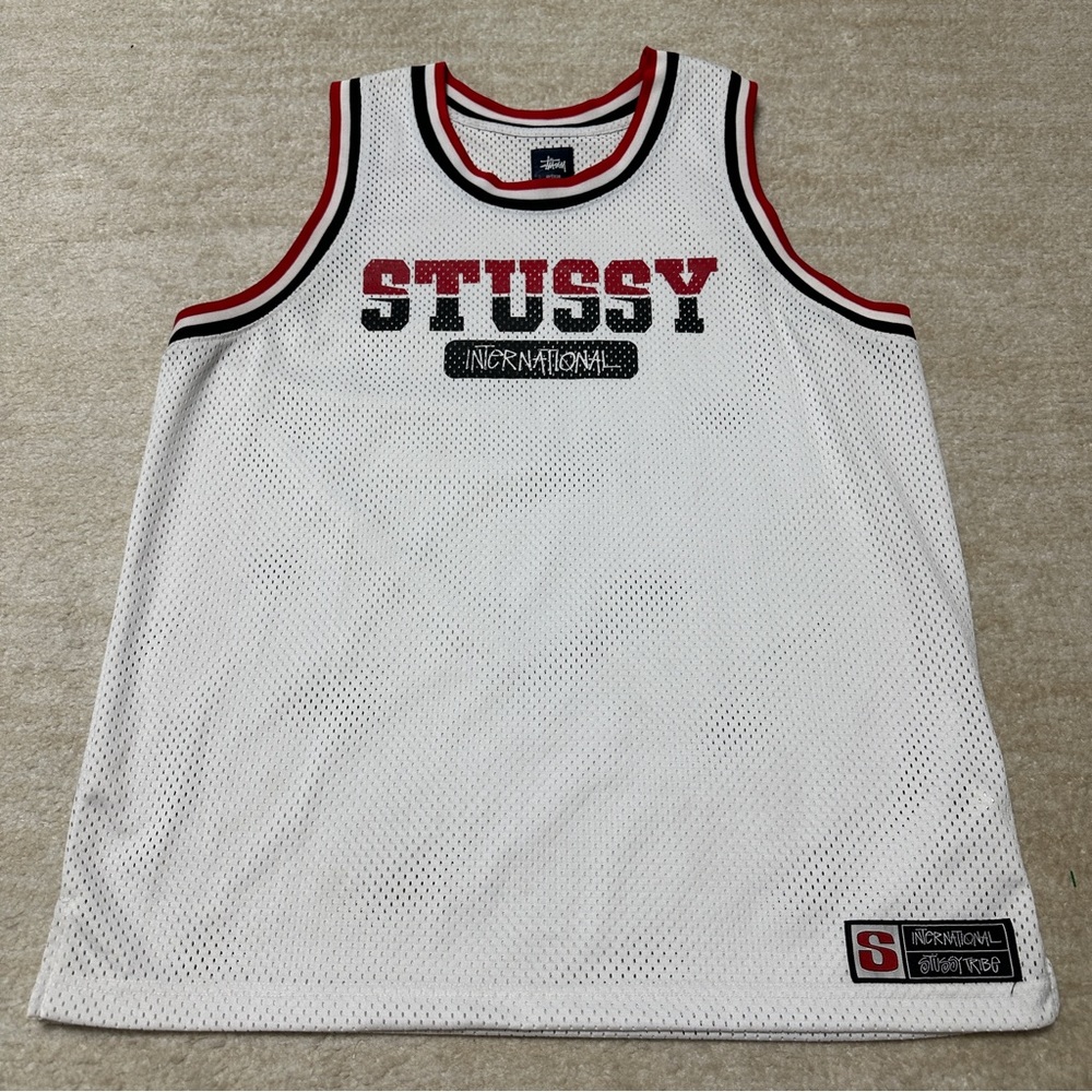 Stussy White Mesh Basketball Tank Top with Red & Black Trim